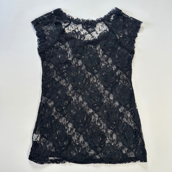 Charlotte Russe Black Lace Rose Floral Cap Sleeve Top Womens Size L - Picture 4 of 5